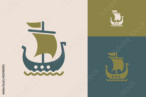 Majestic Viking Long Ship Logo Sailing Rough Seas