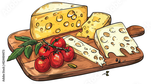 Drawing of cheese head piece slices and cherry tomato