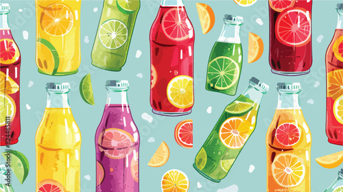 Drinks seamless pattern. Soda juice in glass bottles