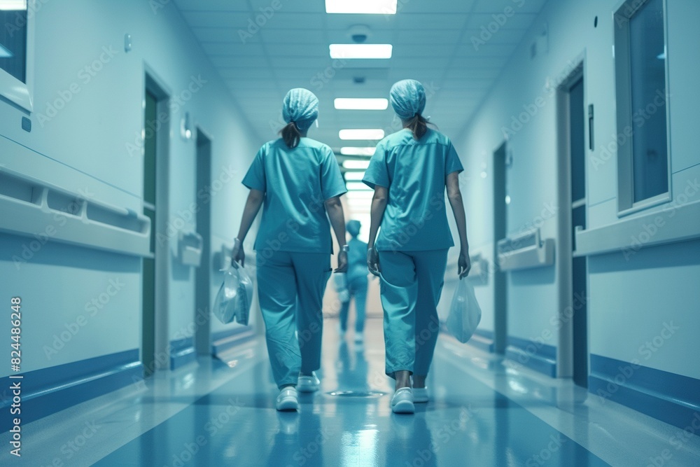 nurses walking up and down hospital corridors with their backs turned nurses walking up and down hospital corridors with their backs turned