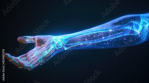 Picture of human arm bone. Isolated with 3D hologram. Medical concept. new technology