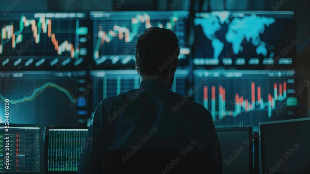 A finance trade manager looking financial data and charts for market prediction and investment strategy. A finance trade manager looking financial data and charts for market prediction and investment strategy.
