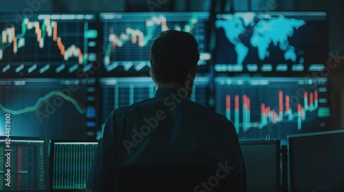 A finance trade manager looking financial data and charts for market prediction and investment strategy.
