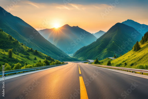 Asphalt highway road and mountain natural scenery at sunrise. panoramic view. photo