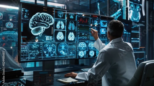 Radiologist works to diagnose and treat the brain of a virtual human. on modern screen interfaces photo