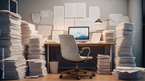 Unorganized messy desk with pile of papers in office. Paperwork and working with stack of documents. Bureaucracy concept