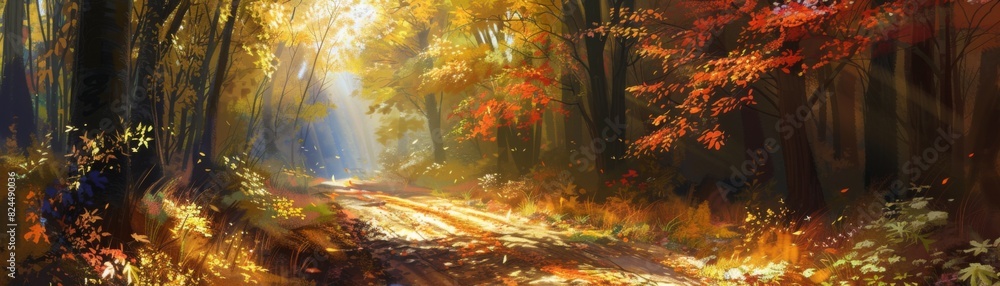 Autumn Forest Path with Sunlight Rays