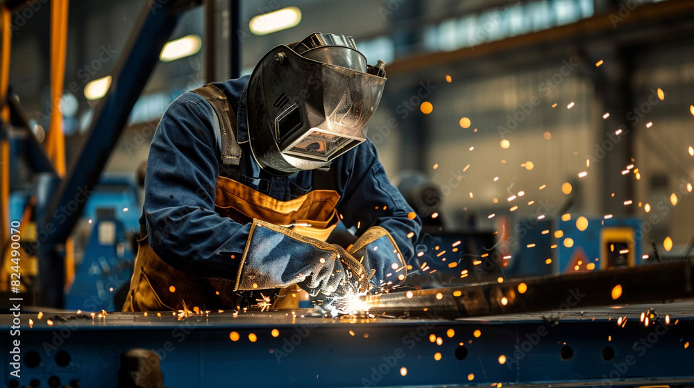 Focused welder working with sparks flying in a factory, showcasing skill and dedication to craft. Focused welder working with sparks flying in a factory, showcasing skill and dedication to craft.