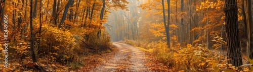 Autumn Forest Path with Sunlight Rays