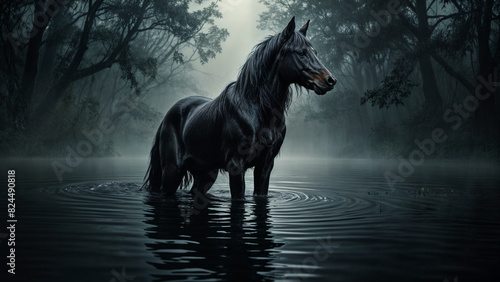 A black horse is wading through a lake with trees in the background and a full moon above.