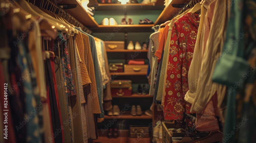 Naklejka premium commercial photo, close-up, walk-in closet items, bottom view, soft light