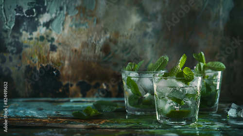Alcoholic cocktail, mint tea with rum in small glasses with ice in a heart shaped vintage wood background, a green cocktail with a shamrock straw and traditional Irish elements on a rustic wooden  photo