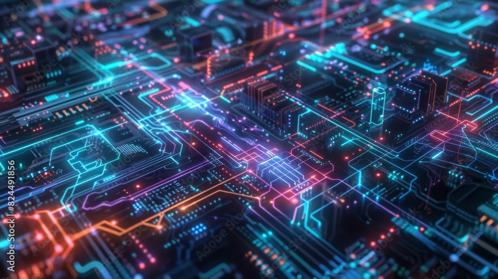 Close-Up of Electronic Circuit Board with Glowing Elements