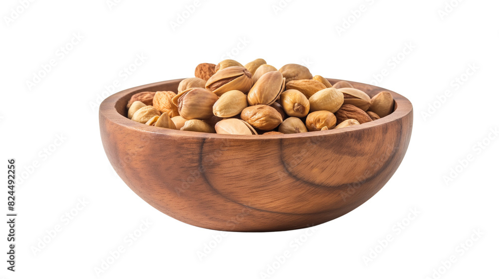 Organic Pistachios in Rustic Wooden Bowl isolated on white background Organic Pistachios in Rustic Wooden Bowl isolated on white background