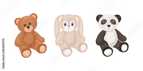 Soft toys. Children s toys such as a teddy bear, a bunny and a panda. A collection of children s soft toys. Vector illustration