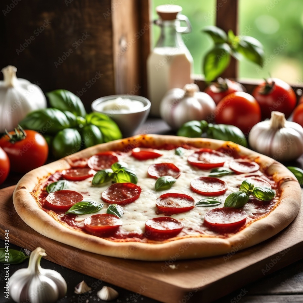Freshly baked pepperoni pizza on wooden tray, surrounded by natural fresh ingredients mozzarella, basil, garlic and tomato. Freshly baked pepperoni pizza on wooden tray, surrounded by natural fresh ingredients mozzarella, basil, garlic and tomato.