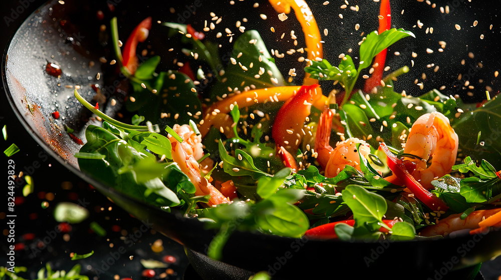 A bowl of salad with shrimp and vegetables is being tossed in a pan