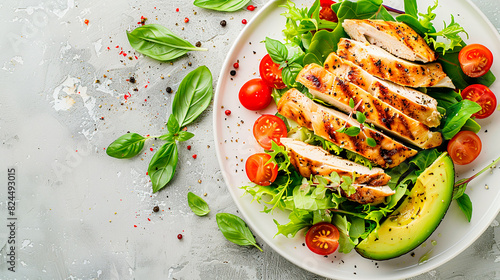 A plate of grilled chicken, lettuce, and tomatoes