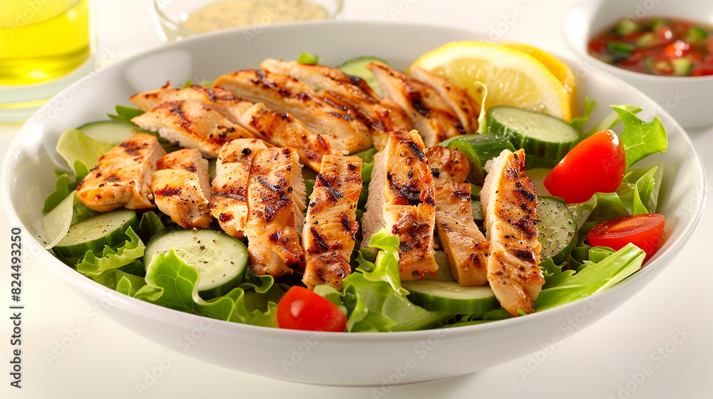 A white bowl filled with grilled chicken, tomatoes, cucumbers, and lettuce