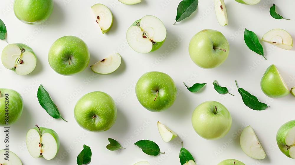 A close up of green apples with some of them cut in half A close up of green apples with some of them cut in half