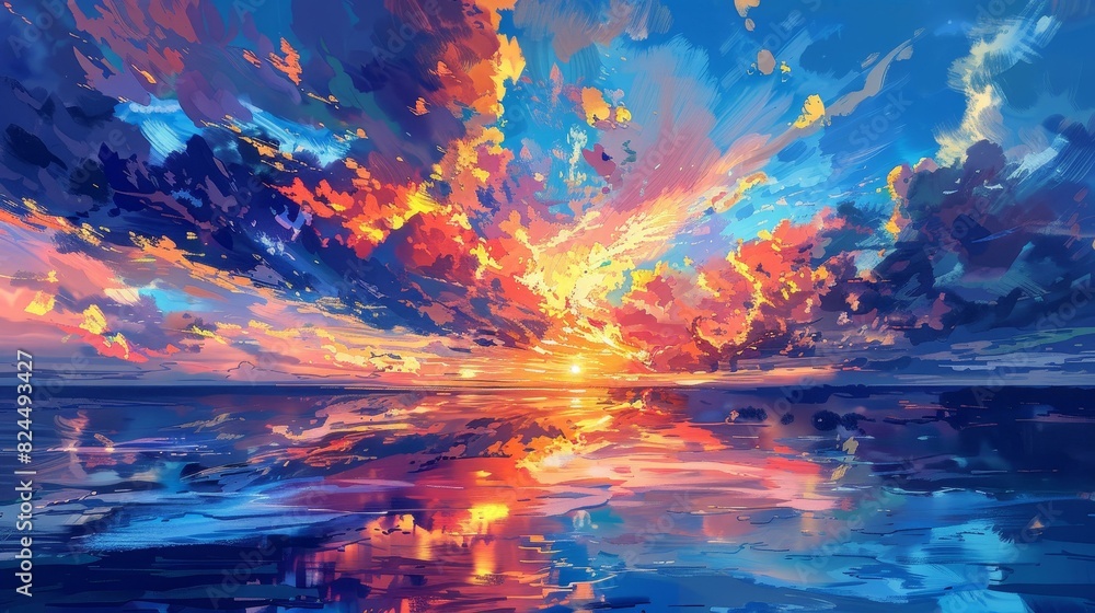 Breathtaking sunset floods the sky with vivid, dramatic hues.