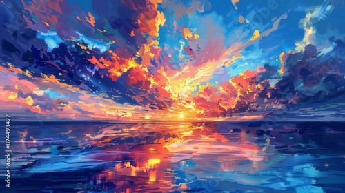 Breathtaking sunset floods the sky with vivid  dramatic hues.