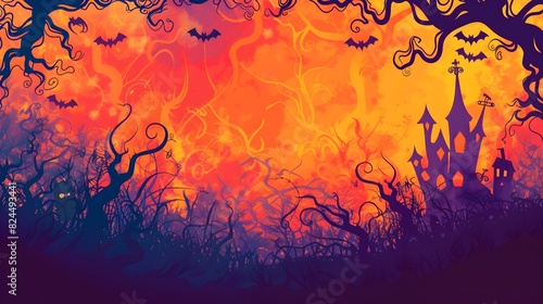 Ominous Halloween Scene with Silhouetted Bats Haunted House Shapes and Twisted Trees on a Fiery Abstract Gradient Background