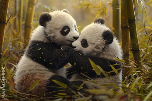 A lively playpend between two fluffy newborn pandas in a bambo patchPanda Study Institutes: Adorable pandas in a conservation centre, eating and playing with bamboo. produced by AI o shoots.
 photo