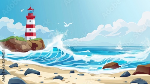 Scenic beach backdrop featuring a lighthouse on rugged cliffs with waves crashing onto the shore.