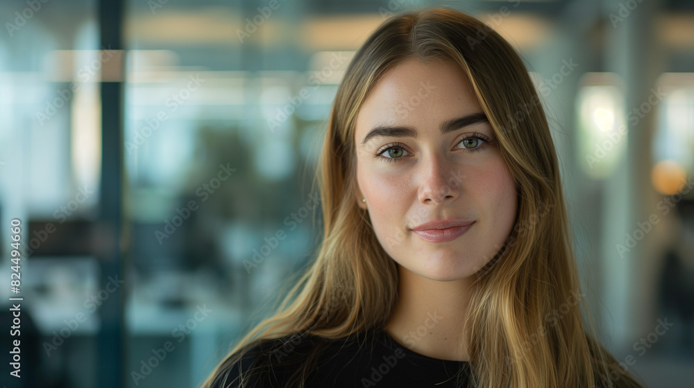 In the polished setting of a corporate office, a close-up shot captures a young businesswoman's poised and confident expression as she looks directly at the camera In the polished setting of a corporate office, a close-up shot captures a young businesswoman's poised and confident expression as she looks directly at the camera