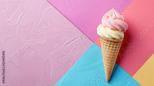 Waffle cones filled with pastel ice cream, a vivid background, and text space ,Colorful ice cream on pastel background ,Creative summer concept, Happy National Ice Cream Day
