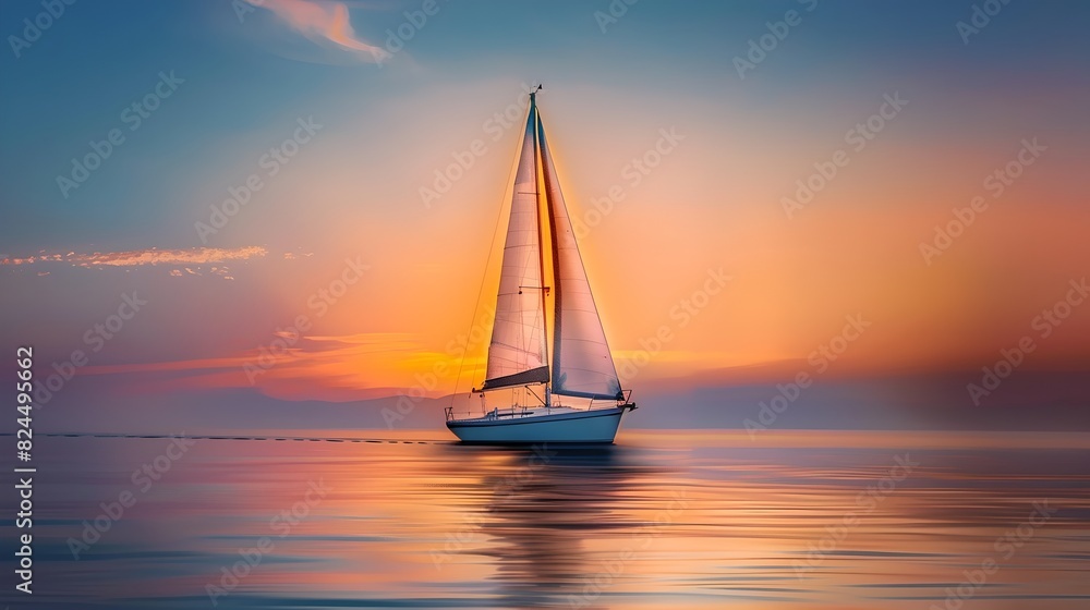 Fototapeta premium Serene Sailboat Silhouette against a Vibrant Sunset Sky