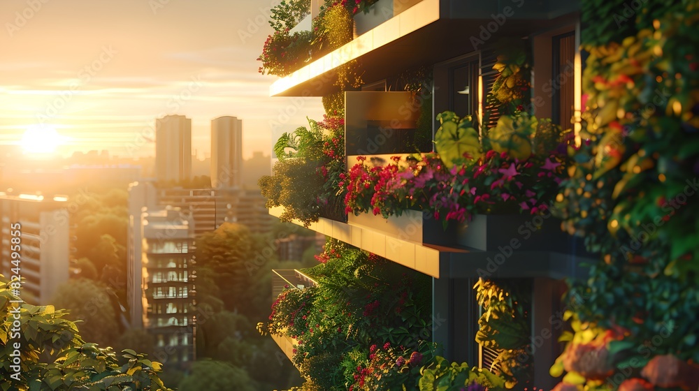 Serene Sunset View from a Lush Urban Balcony Overlooking the Cityscape