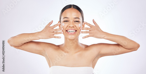 Portrait, happy and woman with cream in studio for moisturizer, benefits or skincare treatment. Female person, smile and product with lotion for collagen, self care or dermatology on white background