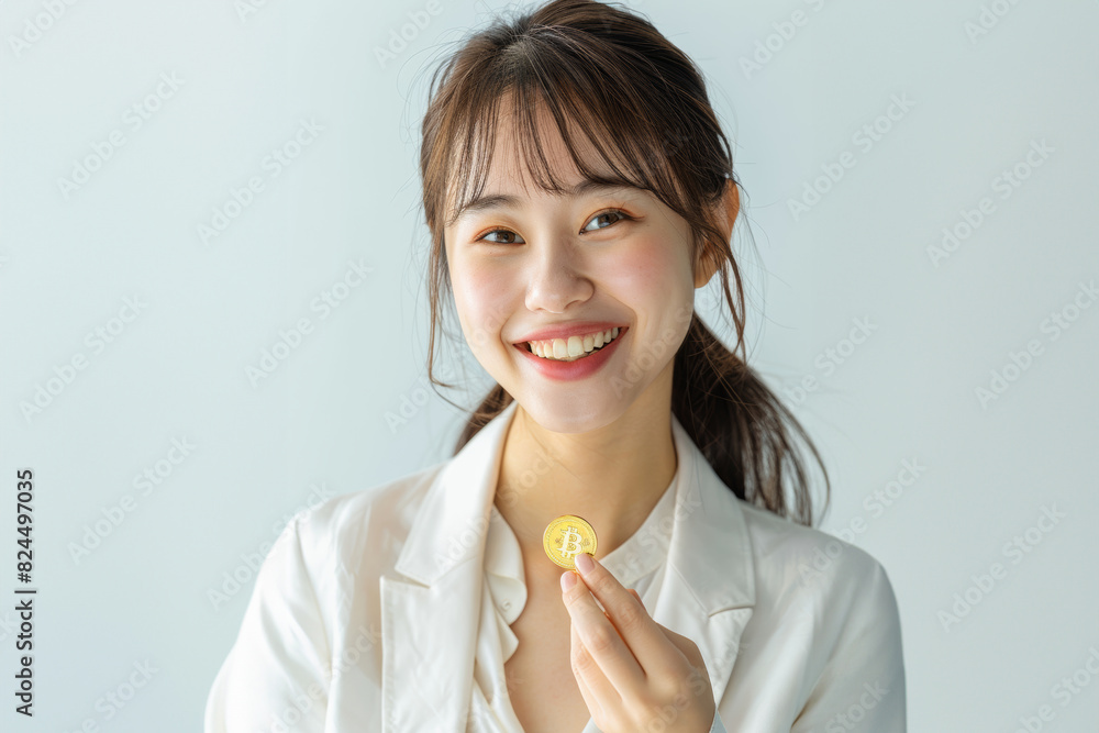 Japanese girl dressed in a white business suit and shirt, holding a Bitcoin reward against a striking blue background. Japanese girl dressed in a white business suit and shirt, holding a Bitcoin reward against a striking blue background.