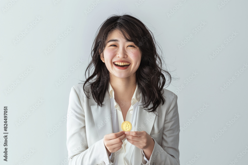 Japanese girl dressed in a white business suit and shirt, holding a Bitcoin reward against a striking blue background. Japanese girl dressed in a white business suit and shirt, holding a Bitcoin reward against a striking blue background.