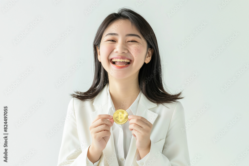 Japanese girl dressed in a white business suit and shirt, holding a Bitcoin reward against a striking blue background. Japanese girl dressed in a white business suit and shirt, holding a Bitcoin reward against a striking blue background.
