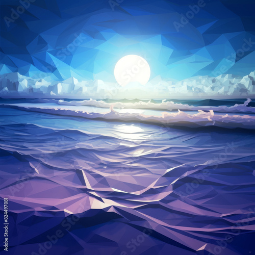 Low poly artwork, A glowing bioluminescent beach scene at night, with illuminated waves and a glowing sun over the horizon.
