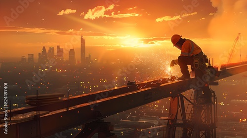 Silhouette of a Construction Worker at Sunrise in Urban Landscape