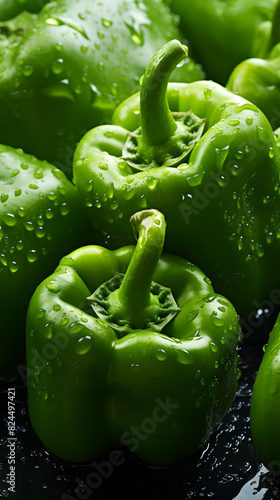fresh green pepper adorned with glistening raindrops of water background poster 