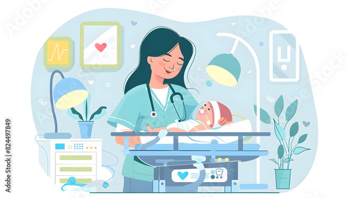 Clipart of a neonatologist providing gentle care to a newborn baby in the NICU ar7 4 Generative AI