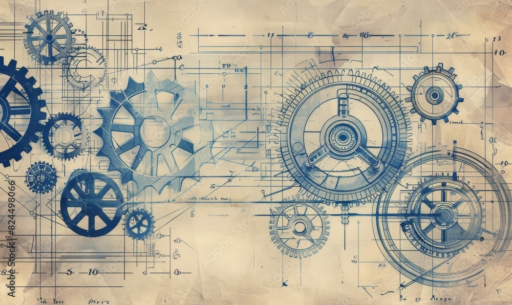 Fototapeta Vintage Blueprint-Style Illustration of Various Cogs and Gears