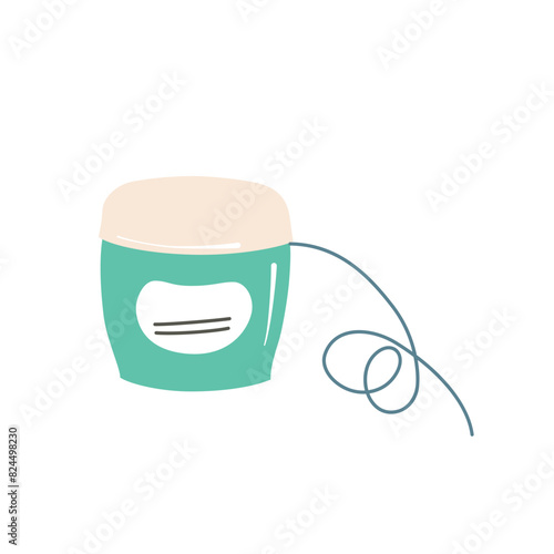 Floss icon, vector illustration of plastic container with dental floss, teeth hygiene, flossing thread doodle, oral care product, flat object, isolated colored clipart on white background