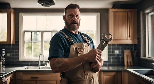 Plumber man with a wrench. photo