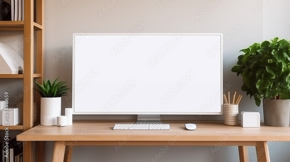 A white screen computer mockup on a desk in living room. A white screen computer mockup on a desk in living room.