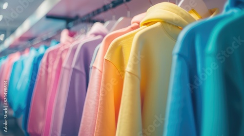 Line of multi colored clothes on wooden hangers in store ,Sale Hangers with bright clothes as background, close up ,many colored cotton shirts on the hangers at the market
