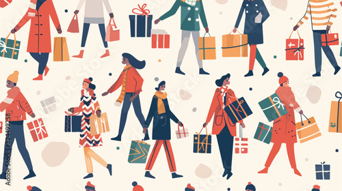 Seamless Christmas pattern with happy people shopping