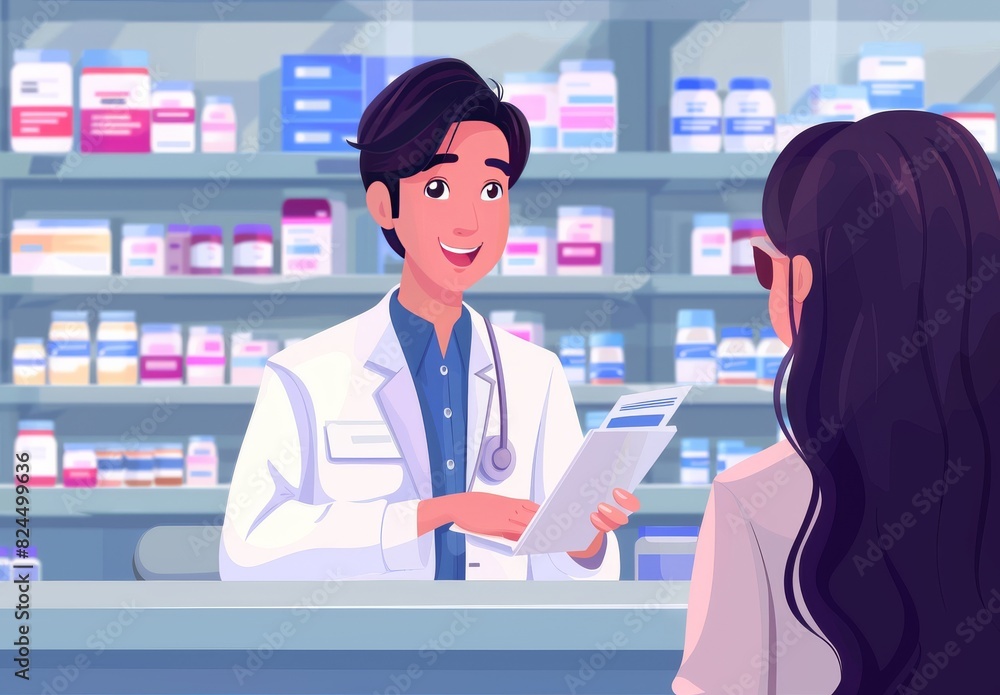 An Asian male pharmacist professionally assists female customers at the pharmacy, recommending medications and asking about their prescriptions at the store's shelves. An Asian male pharmacist professionally assists female customers at the pharmacy, recommending medications and asking about their prescriptions at the store's shelves.