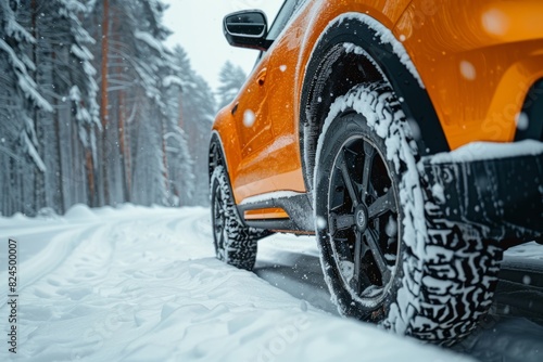 Orange SUV Driving in Snow Covered Forest - Winter Adventure, Off-Road Vehicle, Snowy Terrain, Cold Weather, Seasonal Travel