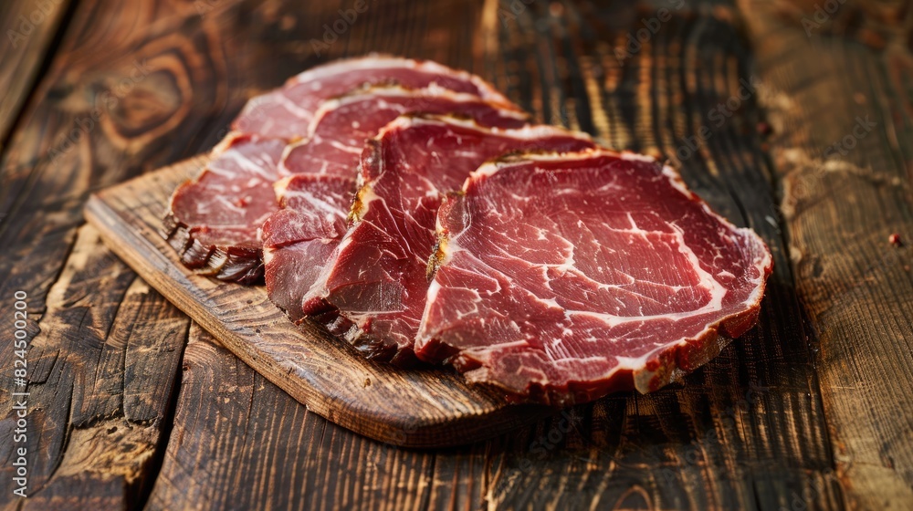 Thick slices of fatty meat on a wooden table